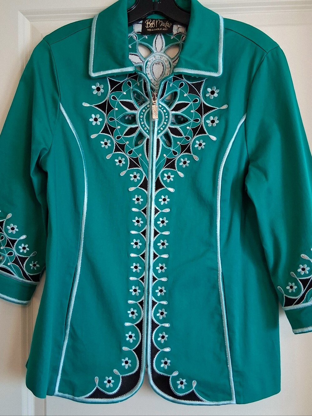 Bob Mackie "Wearable Art" Embroidered Green Suit Jacket Top Size M Vintage